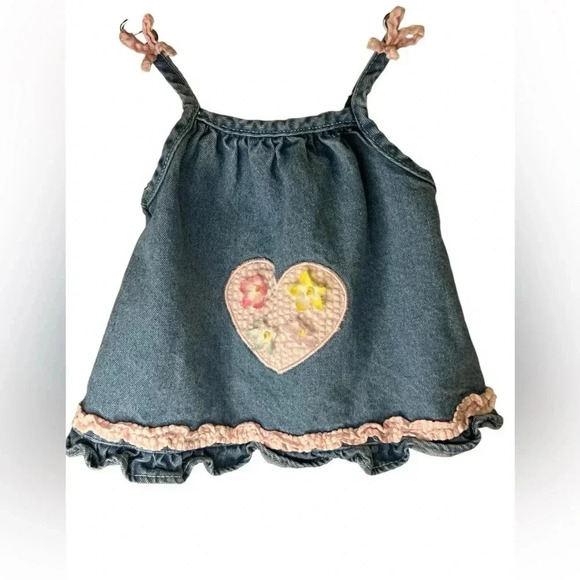 cradle togs Other - Vintage cradle togs denim  dress 18M gingham heart flower appliqué ruffle girls